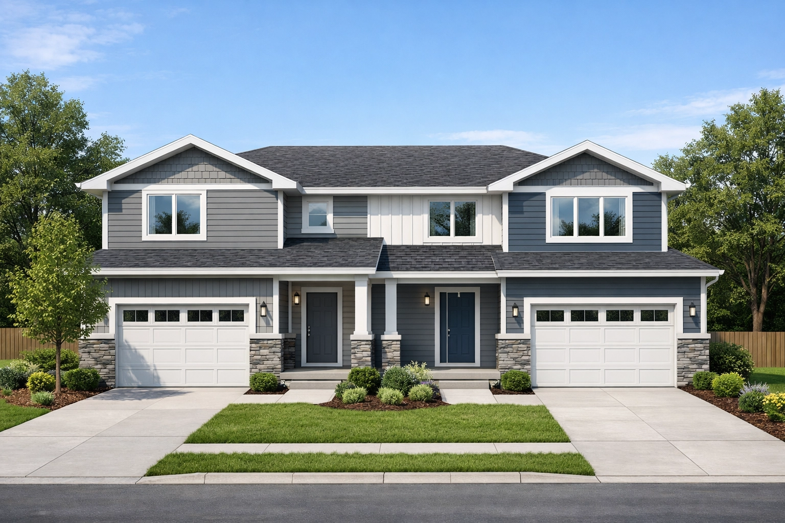 Modern two-story duplex with double garages
