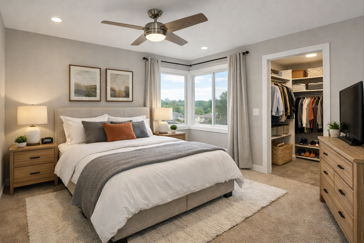 Furnished bedroom with walk-in closet
