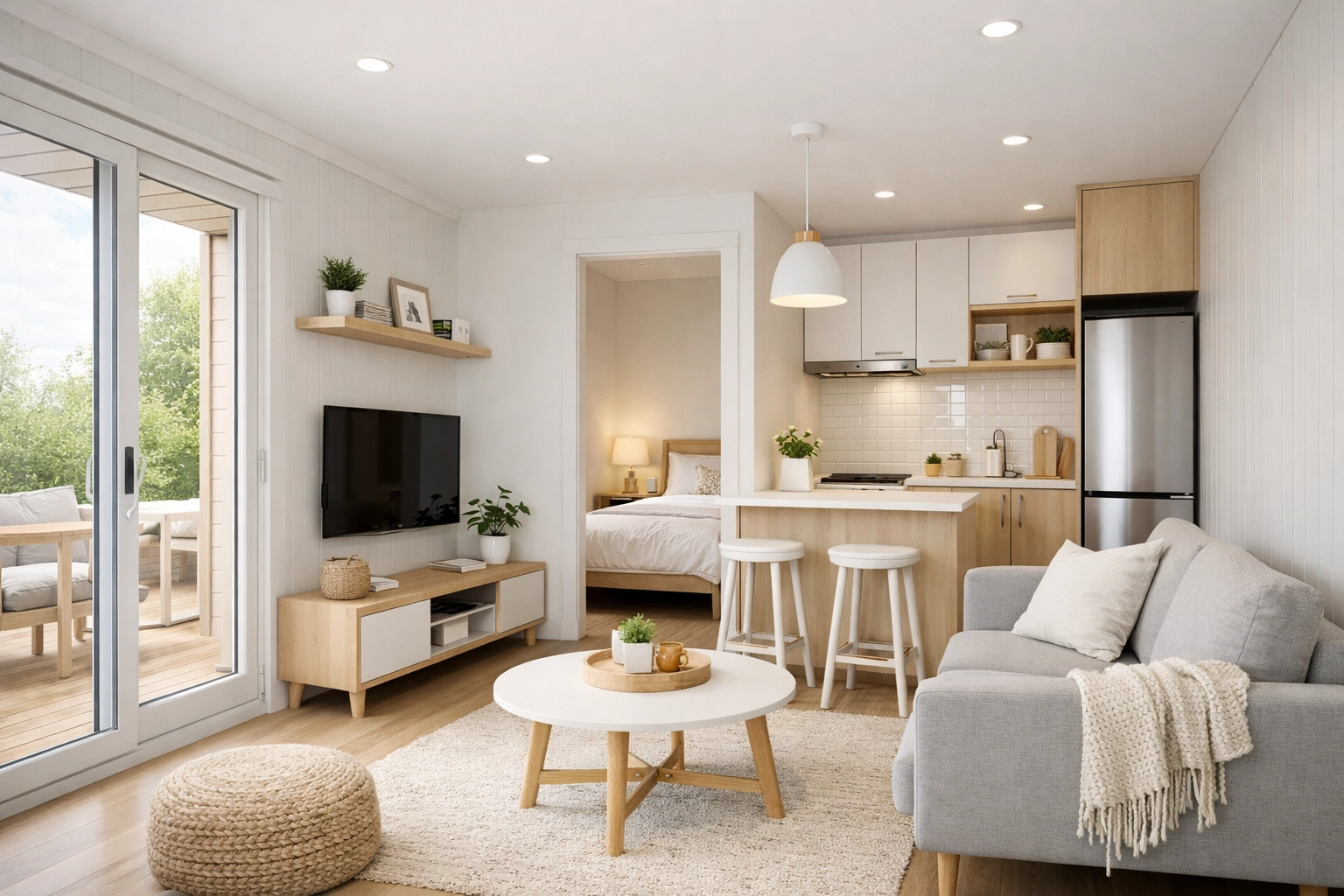 Bright open-concept studio interior