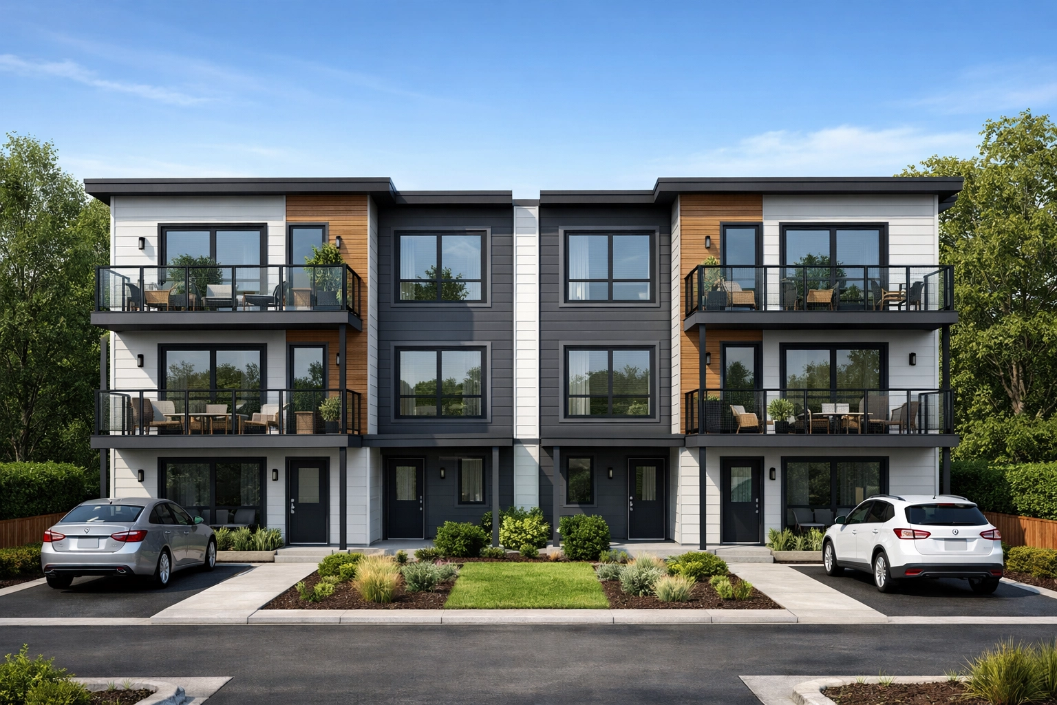 Contemporary three-story townhome building