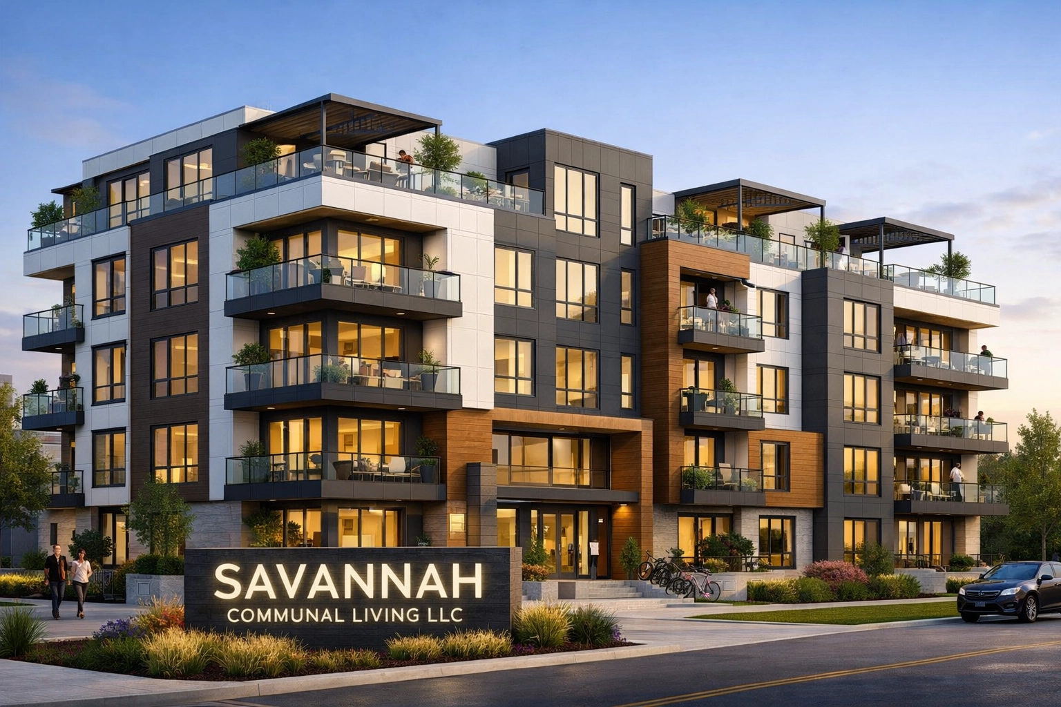 Savannah Communal Living apartment building with illuminated sign