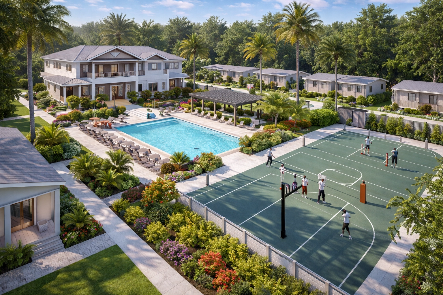 Tropical campus — pool & courts