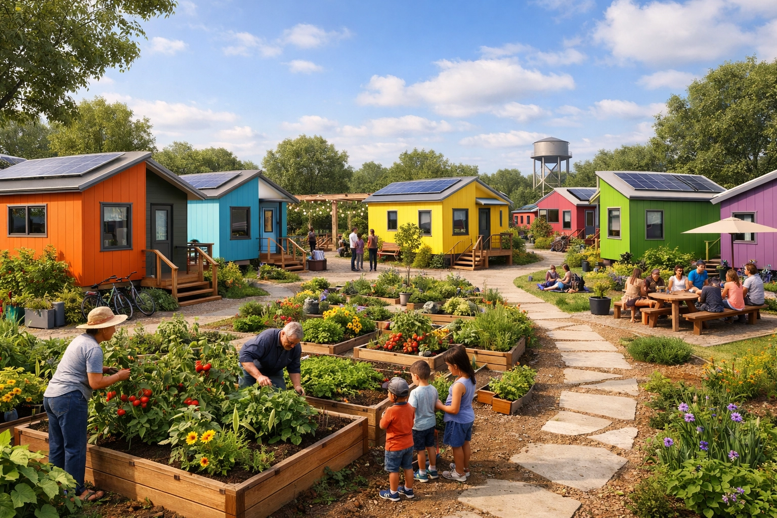 Solar-powered tiny home community with shared gardens