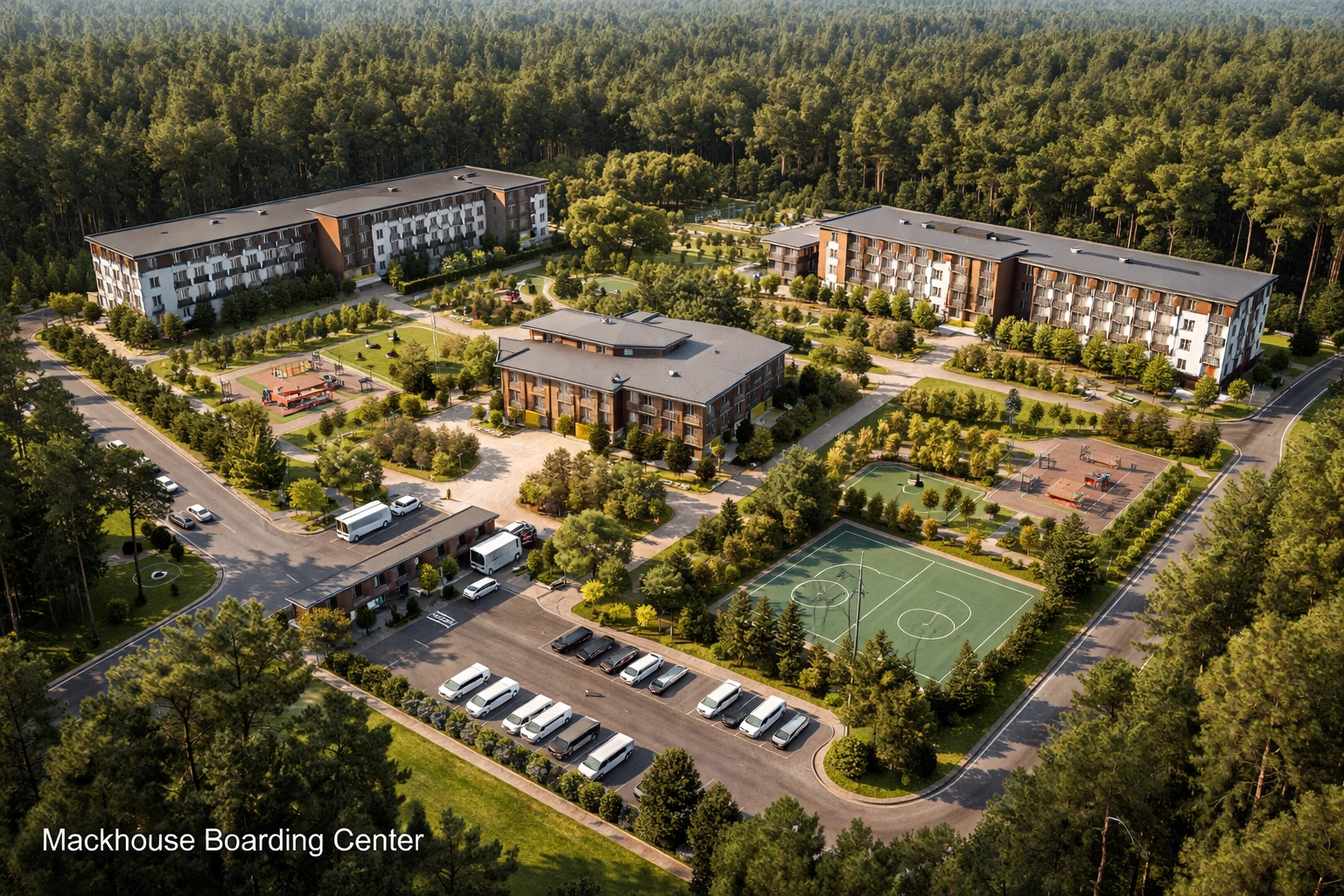 Forest campus — dorms & fields