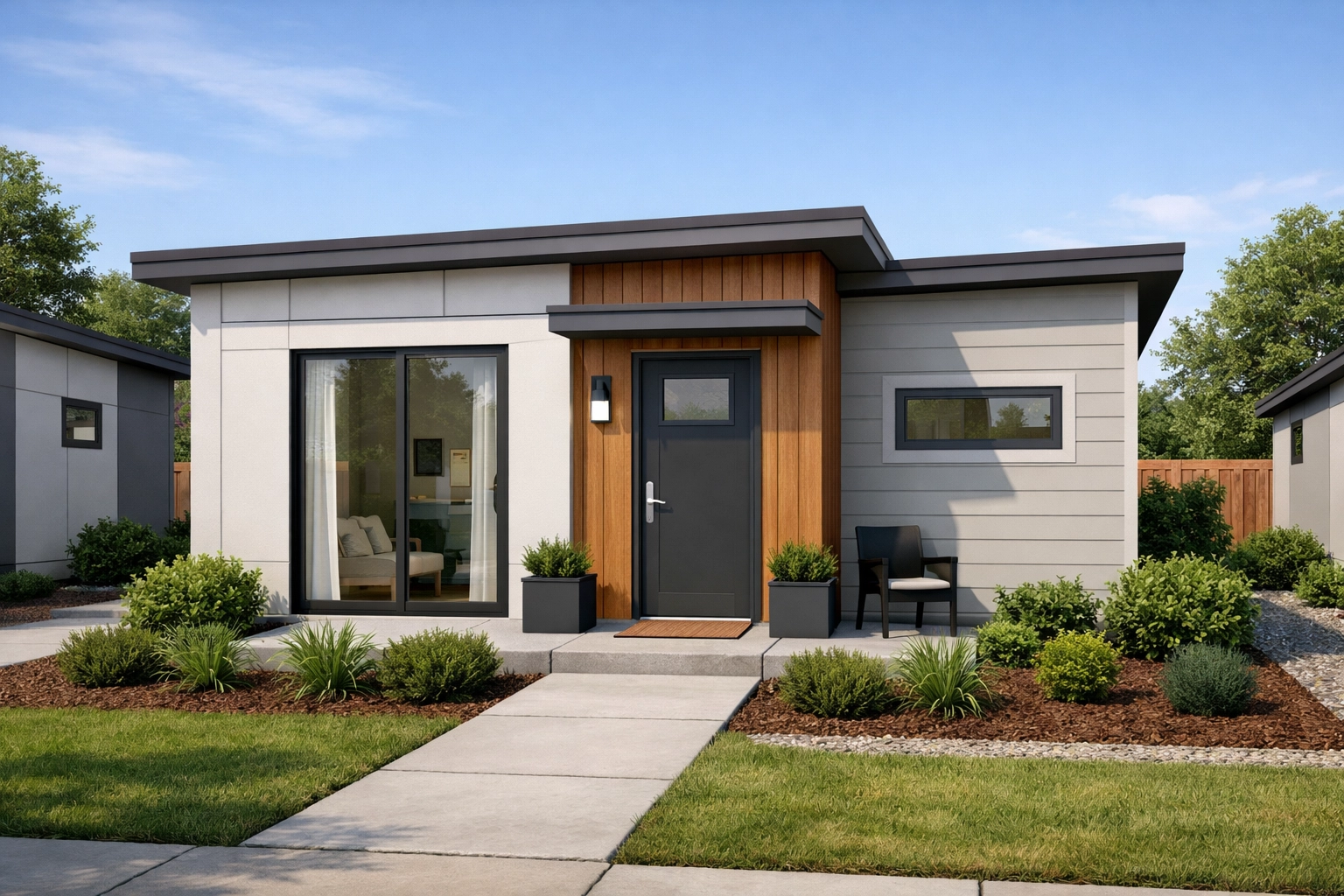 Modern compact modular home with clean lines