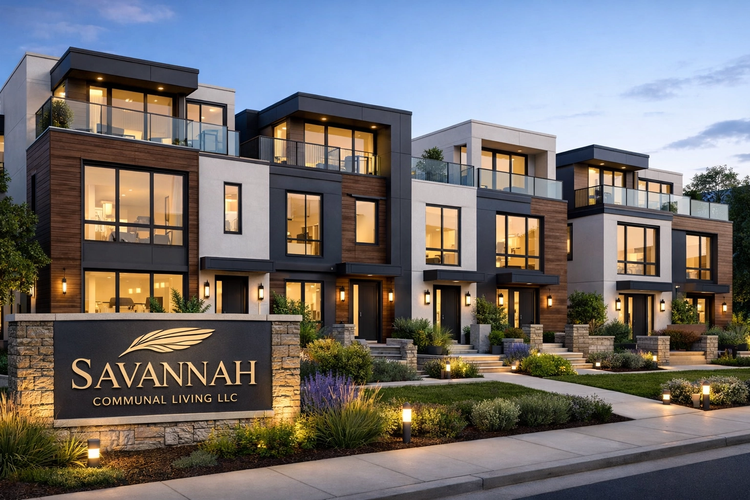 Savannah Communal Living modern rowhomes at dusk