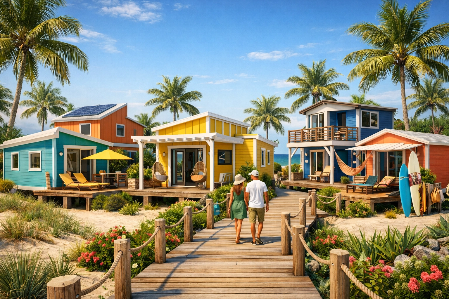 Coastal tiny home village with boardwalk